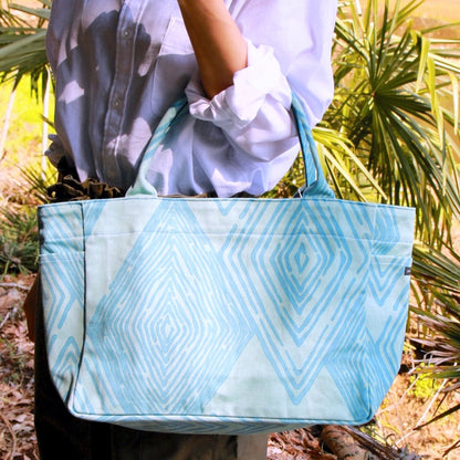 AMONG トートバッグ Mサイズ サイドポケット付き ミチ 育てよう 菱柄 ひし柄 日本製 綿 コットン 100％  大容量 通勤 通学  道 未知 日本の言葉遊び