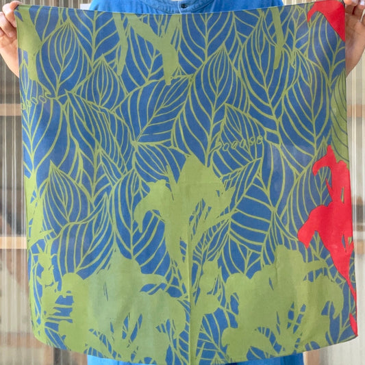 AMONG プチスカーフ カンナ 希望 green 緑 モダール90％ ウール10％ モダールウール 小さなスカーフ ミニスカーフ 花柄 ボタニカル 手染め 手捺染 